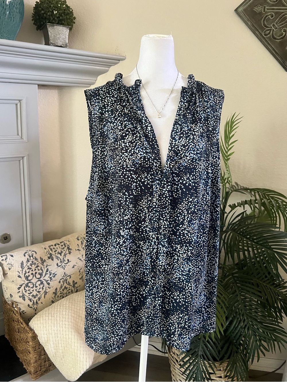 41 Hawthorn Navy Blouse with Navy, Teal & White Spot Print